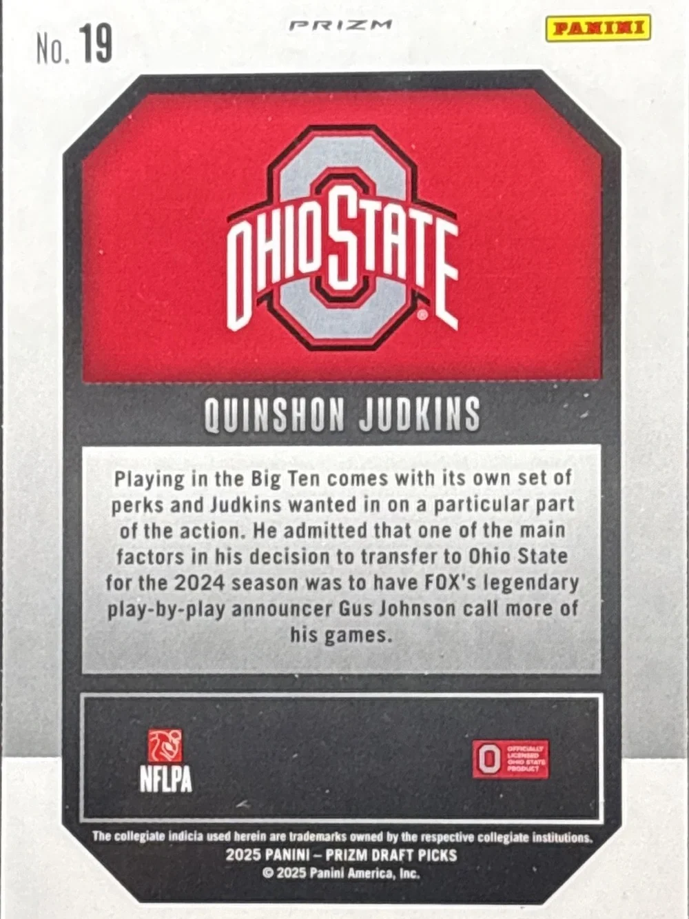 Panini Prizm New Recruits Quinxhon Judkins Red Holo Prizm Rookie Football Card